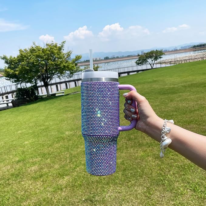 40oz Bling Tumbler with Handle and Straw Lid Rhinestone Studded Tumbler Cups Vacuum Insulated Stainless Steel Double Wall Water Bottle Travel Mug Gifts for Women Her (Purple)