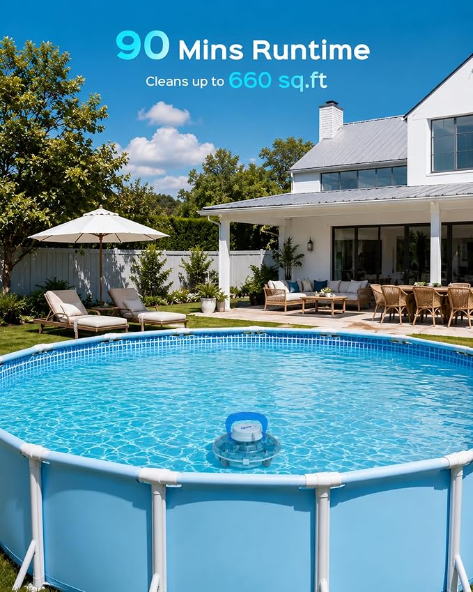 (2026 Upgrade) Cordless Pool Vacuum for Above Ground Pool, Automatic Pool Cleaner Robot Cleaning Up to 660 sq.ft, Dual-Layer Filtration, 90 Mins Runtime, Self-Parking, with Hook (Tech Blue)