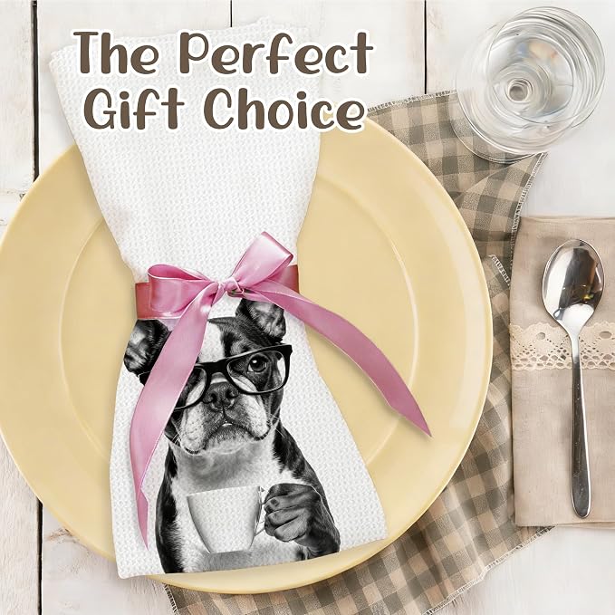 Funny Boston Terrier Kitchen Towels, Dog Kitchen Accessories, Dog Chef Gifts for Women Decorative Hand Towels for Kitchen Decor, Coffee Lovers Gifts Dish Tea Towel, 16x24 Inch