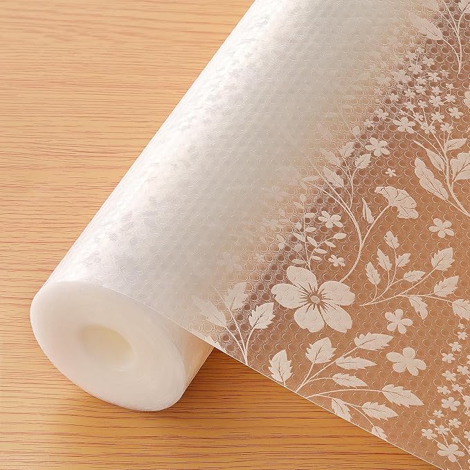 INNOLITES Shelf Liner for Kitchen Cabinets, Non-Adhesive Drawer Liner, Waterproof Washable EVA Floral Pattern, Protect Dresser Cupboard Refrigerator Shelves (Ivory Herb, 11.8" x 240")
