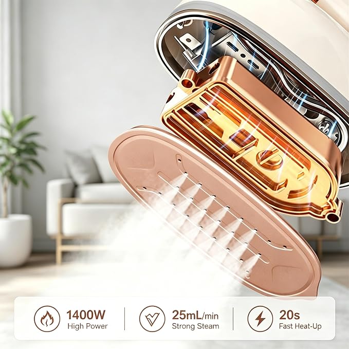 Garment Steamer for Clothes 1400W Portable Travel Steamer 180°Rotating Handle lancha a Vapor Para Ropa with LCD Display Handheld Wrinkle Remover, 260mL Water Tank, 8 Steam Models, Beige