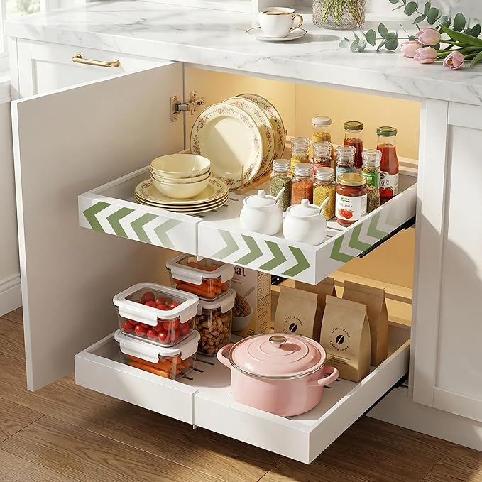 Abalter Expandable Pull Out Cabinet Organizer,2-Tier Slide Out Drawer for Kitchen Cabinets,Adjustable Width 12–18.5",Slide Out Shelves for Kitchen Countertop, Bathroom, Pantry, Heavy Duty Caddy(White)