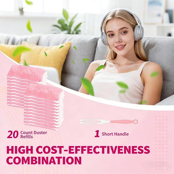 Pink Duster Refill for Swiffer Duster, 20 Count Heavy Duty Duster Refills Kit with 1 Handle for Cleaning Dusting Furniture Blind Ceiling Fan, 360 Disposable Duster Refills Feather Duster