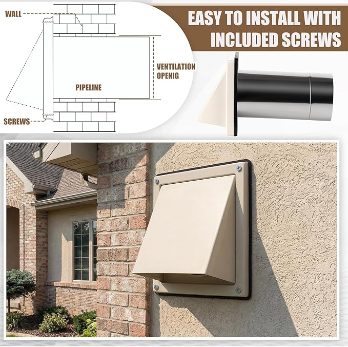 Gisafai 6" Dryer Vent Cover Outside with Stainless Steel Mesh Wall Dryer Exhaust Cap and Removable Extended Pipe Vent Shroud Hood Cushioned Non Return Flap with Sealing Gasket Grille(Tan)