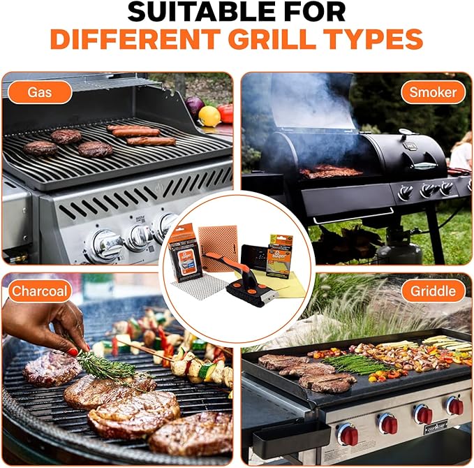 Proud Grill Q-Swiper XL Complete Grill Cleaning Kit - Long Bristle & Wire-Free Brush, Steam-Clean Cloths, Moist Wipes, Exterior Reusable Cloth & Plastic Tray, Grease & Grime Remover, BBQ Accessories