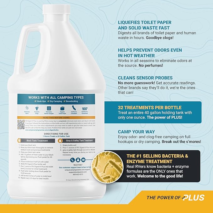 Unique RV Digest-It Ultra RV Toilet Treatment Refill, 128 Uses, Super Concentrated - Eliminates Odor and Liquifies Waste, Extra-Strength Bio-Enzymatic Holding Tank Treatment (128 oz)
