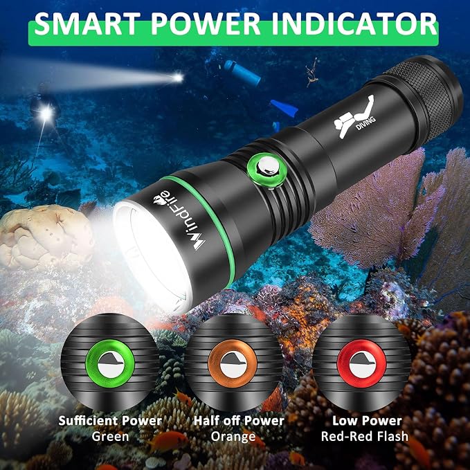 WINDFIRE Rechargeable Scuba Diving Flashlight, Super Bright LED Dive Light, IPX8 Waterproof 60M Underwater Flashlight with 3 Modes for Snorkeling & Cave Diving