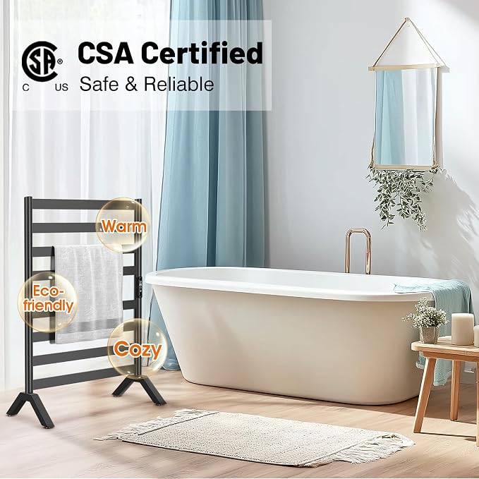Paraheeter Wall Mounted & Freestanding Heated Towel Rack for Bathrooms. Electric Towel Warmer Rack Heater, Stainless Steel Black. CSA Certified.