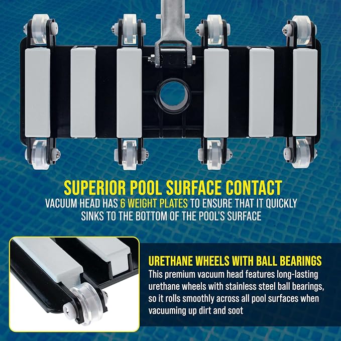 U.S. Pool Supply Manual Pool Vacuum Head for Inground Pools, Flexible, Extra-Wide, Weighted - 6 Weights, Connect 1.5" Hose, Metal Pole Handle - Swimming Cleaning Accessory Attachment, Vac Clean
