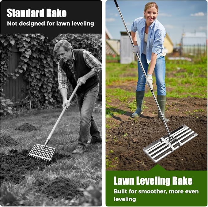30" x 10" Lawn Leveling Rake, Heavy Duty 304 Stainless Steel Lawn Leveler | 78" adjustable handle, Curved edge for smooth leveling, reinforced triangle support, professional-grade build