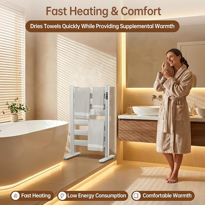 Heated Towel Rack – Rapid PTC Heating, LED Timer Control, High Temp & Large Capacity – 6 Bars Premium Freestanding Bathroom Towel Warmer,Matte White