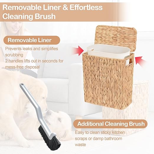 3 Gallon Wicker Trash Can with Lid and Removable Liner, Natural Water Hyacinth Handwoven Bathroom Waste Basket with Brush for Bedroom,Toilet, Living Room, Under Sink, Kitchen (with Brush)