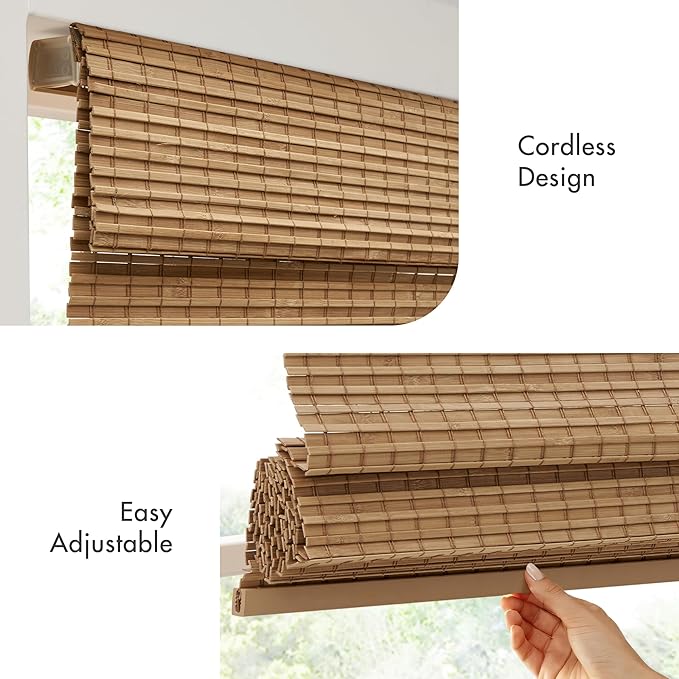 Madison Park Eastfield 100% Bamboo Cordless Roman Shades-Woven Wooden Privacy Panel, Light Filtering Easy Installation Window Blind Treatment, Bedroom, Living Room Decor, 29" W x 64" L, Neutral