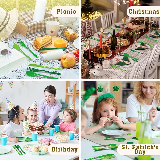 180 PCS Gradient Green Plastic Silverware Heavy Duty Green Cutlery Disposable Set Include 60 Forks, 60 Knives, 60 Spoons for Birthday, Graduation Party, Christmas, St. Patrick's Day