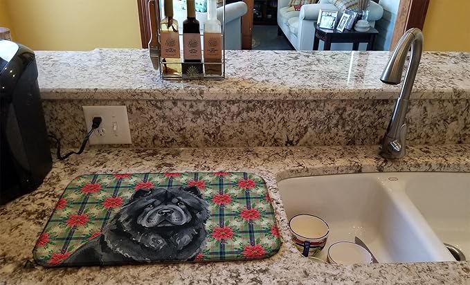 Caroline's Treasures Black Chow Chow Christmas PoinsettIas Dish Drying Mat Absorbent Dish Drying Mat Pad for Kitchen Counter Dish Drainer Mat for Countertop, 14 x 21", Multicolor