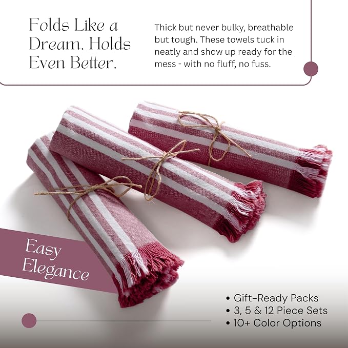 Monochrome Stripe Kitchen Towels 5 Pack, 100% Cotton, 16"x26", Absorbent & Quick Dry, Washable Dish Towels for Drying Dishes & Wiping Counters, Reusable, Easy Care, Burgundy Wine