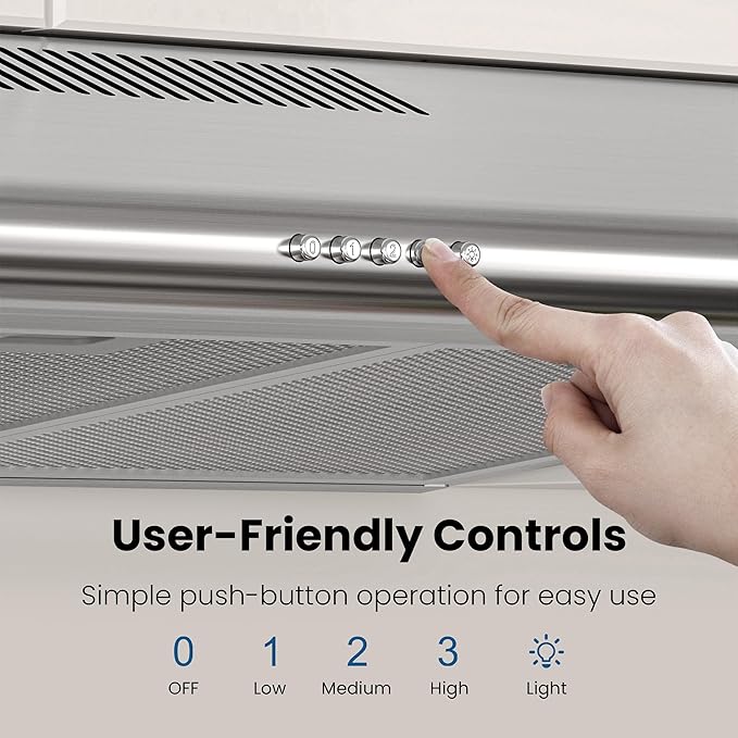 FIREGAS Under Cabinet Range Hood 36 inch with Ducted/Ductless Convertible, Slim Kitchen Vent Hood, LED Light, 3 Speed Exhaust Fan, Reusable Aluminum Filter, Push Button,Charcoal Filter