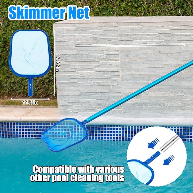 3 Pcs Pool Vacuum Kit Manual Vacuum Head with 1-1/2" x 18ft Long Hoses and Skimmer Net Flexible Head Wheels, Maintenance Accessory Tool for Above Ground Inground Pool Cleaning