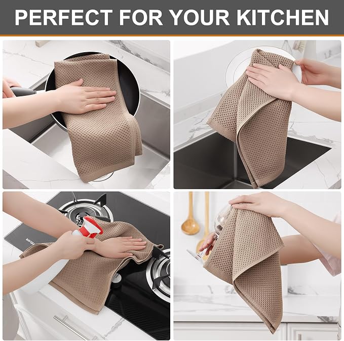 Kitinjoy 100% Cotton Waffle Weave Kitchen Hand Towels (13 X 28 Inches, Tan), 6-Pack Super Soft and Absorbent Dish Towel for Drying Dishes