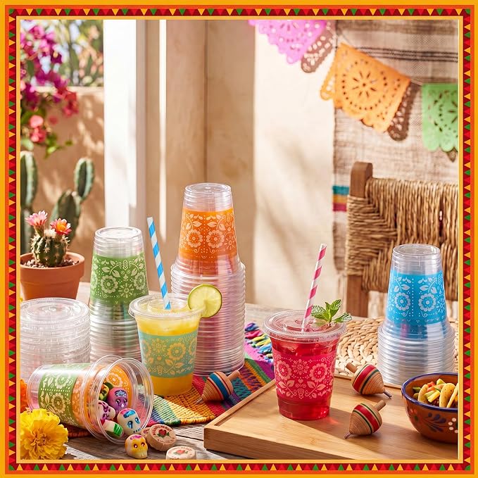 Domensi 48 Sets Fiesta Plastic Cups with Lids and Paper Straws 12oz Mexican Cinco De Mayo Disposable Drinking Cups Bulk for Cold Drinks Baby Shower Wedding Papel Picado Theme Birthday Party Supplies