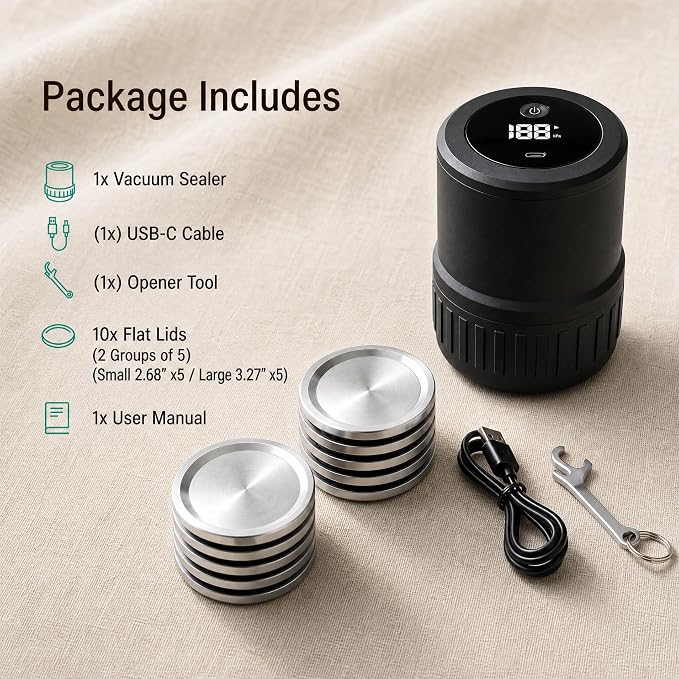 Mason Jar Vacuum Sealer Kit for Wide & Regular Mouth Jars, Black