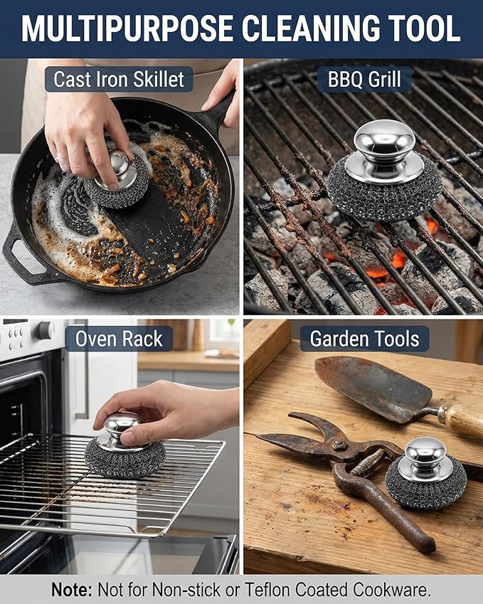 5 Pack Stainless Steel Wool Scrubber Set - Heavy Duty Metal Sponge Scouring Pad for Cast Iron Skillet,Grill,Pots,Cookware,Dish - Include Short & Long Handle & 3 Pads Protects Hands & Nails