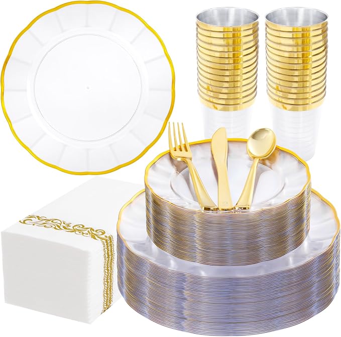 LIYH 350 Pcs Clear Plastic Plates for Wedding Reception Plastic Plates for Party 100 Disposable Plate 150 Gold Plastic Silverware 50 Gold Cups 50 Napkins Perfect for Wedding Birthday (50 Guest)
