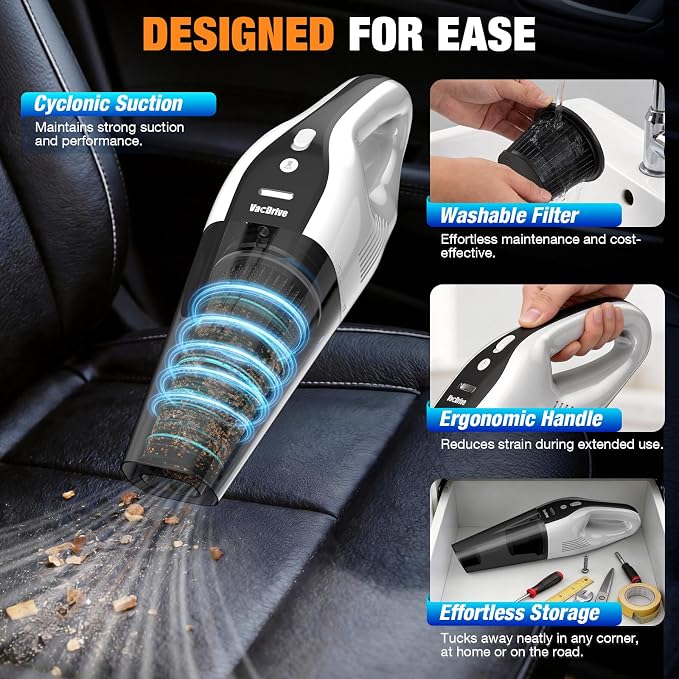 Handheld Vacuum Cordless, Portable Rechargeable Car Vacuum Cleaner with Multi-Nozzles & Washable Filter, Strong Suction for Car, Home & Pet Hair, Ivory White