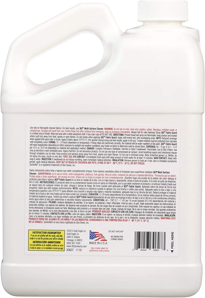 303 Products Fabric Guard, Water Repellent Spray for Outdoor Fabrics – Protects Upholstery, Cushions & Canvas, Stain Protection, Sunbrella Recommended, 1 Gallon