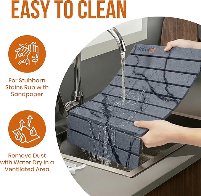 Stone Drying Mat for Kitchen Counter - Large Slats Dark Gray Foldable Diatomaceous Earth Dish Drying Mat | oldable and Super Absorbent Dish Drying Stone Mat (10 Slats - Large)