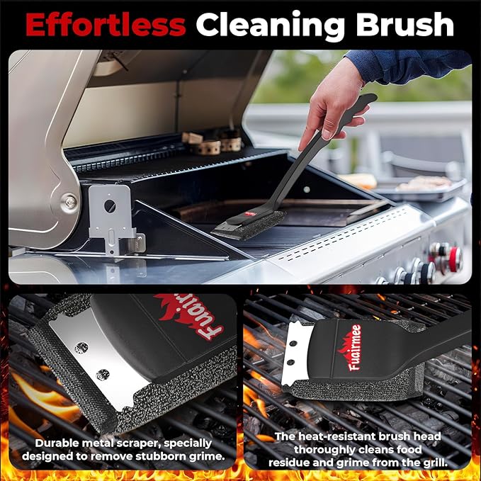 2PCS Bristle Free Grill Brush for Outdoor Grill, with Water Dunk Basin（Black, Steel Fiber Grill Brush for Cast Iron/Porcelain/Charcoal/Stainless Steel Grates