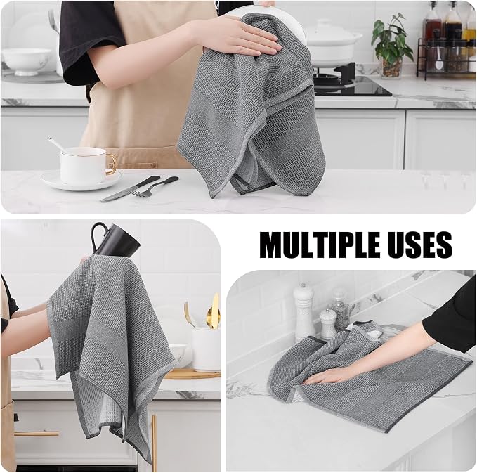 Homaxy Premium Kitchen Towels(18”x 28”, 3 Pack), Large Cotton Kitchen Hand Towels, Flat and Terry Dish Towels, 380 GSM Highly Absorbent Tea Towels Set with Hanging Loop, Grey