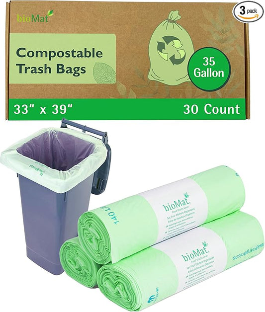 bioMat Compostable Trash Bags 35 Gallon, 30 Count, Tall flat top Kitchen Food Scrap Bin Liners, BPI, CMA and OK Compost HOME certified, Meets the ASTM D6400 Standard
