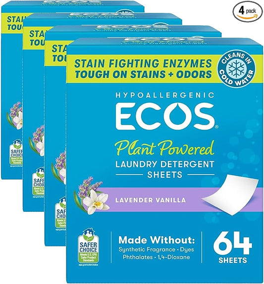 ECOS Laundry Detergent Sheets Vegan, No Plastic Jug, No Mess, Liquid Free - Hypoallergenic, Plant Powered Laundry Detergent Sheet - Lavender Vanilla - 64 Count (Pack of 4)