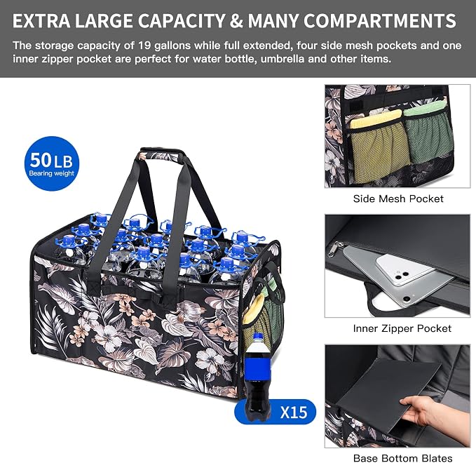 Extra Large Utility Tote Bag with Wire Frame Reusable Grocery Bags Foldable Heavy Duty Shopping Bags for Groceries Collapsible Totes with Handles for Carrying Heavy Loads Storage Car Trunk