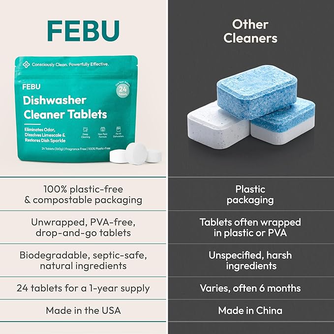 FEBU Save 15% on Swedish Dishcloth + Dishwasher Cleaner Tablets | 5 Pack Japanese Reusable Paper Towels + 24ct Dish Washer Cleaner Tablets
