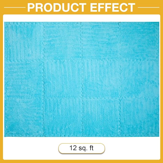 12 Pcs Plush Interlocking Carpet Tiles, Non-Toxic Foam Carpet Tiles for Toddler Baby, Anti-Slip, EVA Foam Interlocking Tiles for Floor, Nursery, Playroom, Blue