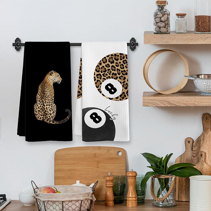 Trendy Leopard Cheetah Print Poker Lucky 8 Ball Bathroom Decor, Preppy Funky Black Decor Dish Hand Towels for Bathroom Kitchen Sets of 2, Cheetah Kitchen Towels and Dishcloths, 16x24 Inch