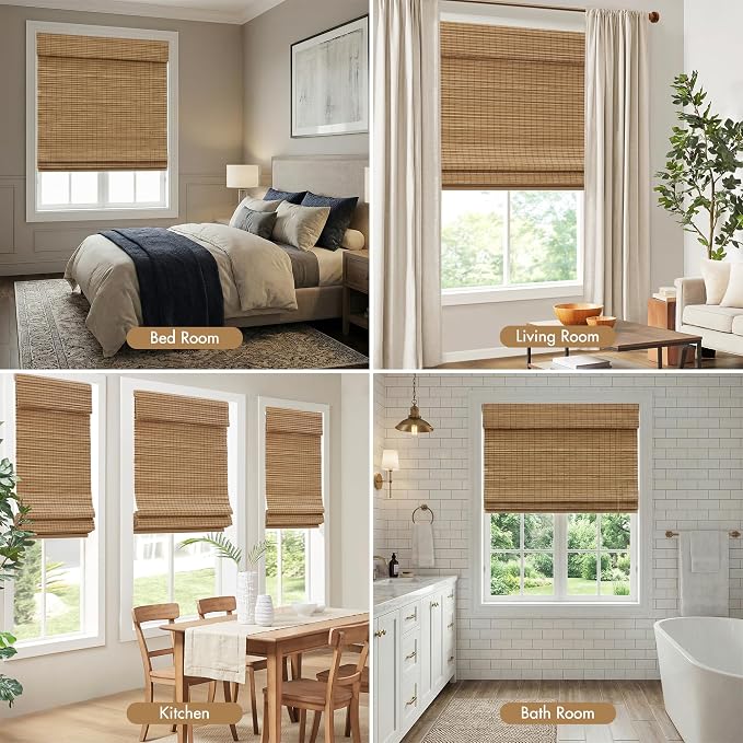 Madison Park Eastfield 100% Bamboo Cordless Roman Shades-Woven Wooden Privacy Panel, Light Filtering Easy Installation Window Blind Treatment, Bedroom, Living Room Decor, 35" W x 64" L, Neutral