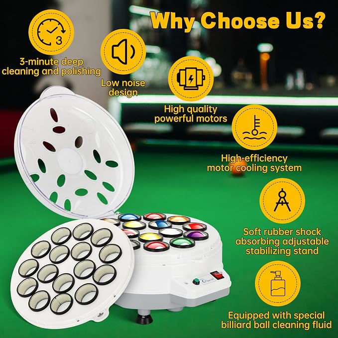 Billiard Ball Cleaner and Polisher, Billiard Ball Cleaner, Pool Ball Cleaner for 16 Billiard and Snooker, Balls British and American Dual Use 110V, Automatic Pool Ball Cleaner
