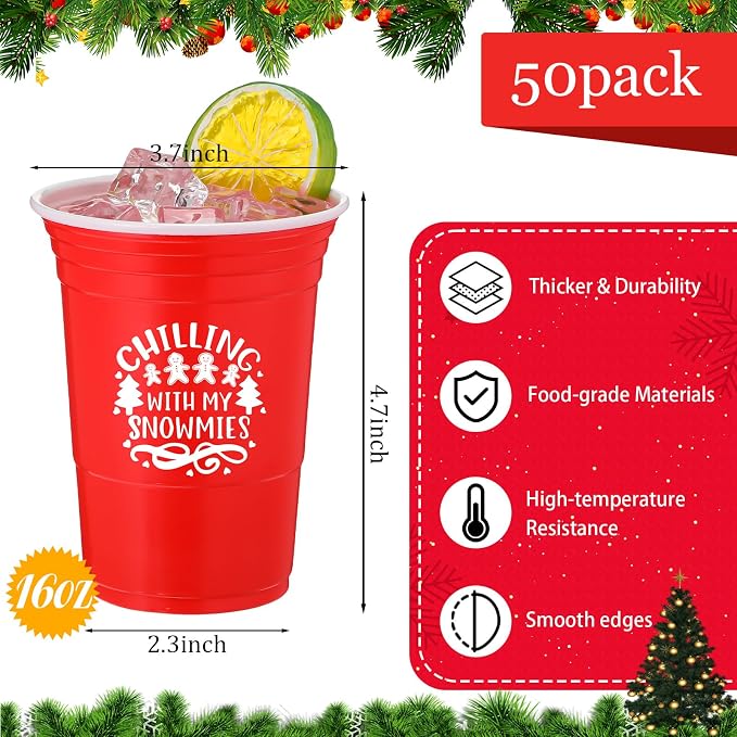 Zhehao 50 Pcs Christmas Cups 16 oz Christmas Plastic Disposable Party Bulk Red Joy Merry Xmas Cups for Drinking Party Supplies Decoration Beverage Coffee Snacks Beer, 5 Styles