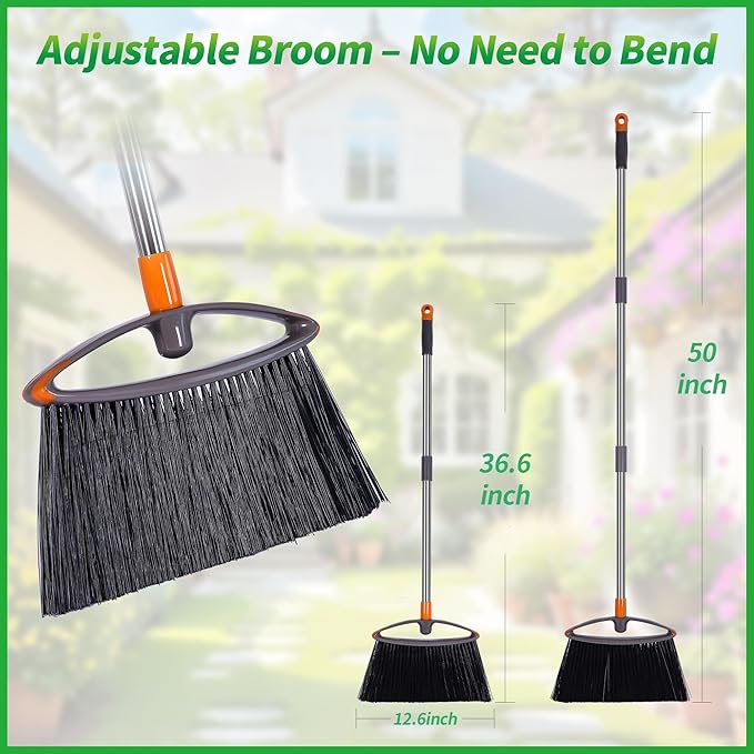 Stiff Bristle Broom for Sweeping Indoor, Heavy Duty Broom with Collapsible Handle, Ideal for Outdoor Hardwood Floors Kitchen Salon Camping Cat Pets Hair Home Room Office, Sturdy and Durable, Gray