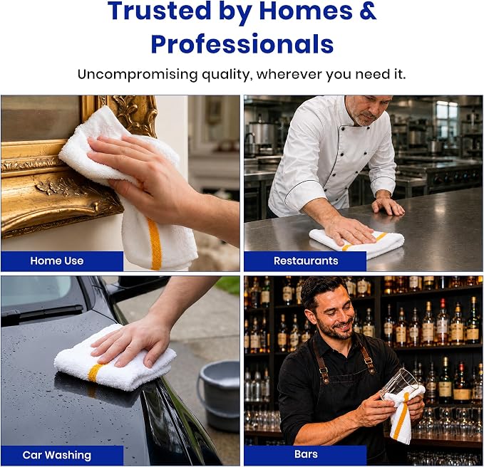 Bar Mops Pack of 36 (14" x 19") - 100% Cotton Cleaning Rags for Housekeeping - Thick, Absorbent, Reusable Bar Towels for Cleaning House & Restaurant - Kitchen Towels Bulk (Yellow Stripe)