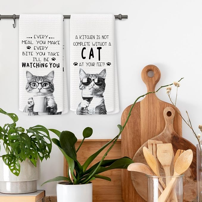 Funny Cat Kitchen Towels 16x24 Inch Set of 2 | Cat Mom Dad Lady Lovers Gifts for Women Men Dish Tea Towels for Kitchen, Pet Lover Gifts Decorative Hand Towel