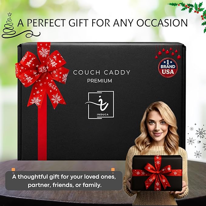 Couch Caddy with Cup Holder | Wood Couch Cup Holder Tray for Drinks, Snacks & Remotes | Couch Tray for Bed, Car Seat & Beach Organizer (Grey)