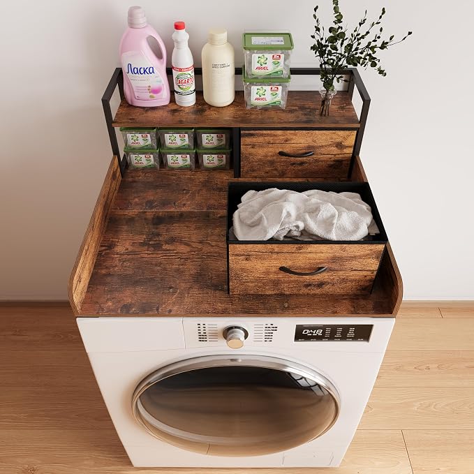 Unionly 2-Tier Washer Dryer Countertop single with shelf and fabirc drawer,laundry topper with Edge and Non-Slip Pad for Washer Dryer Laundry Hamper Counter Storage Organization (rustic brown, single)