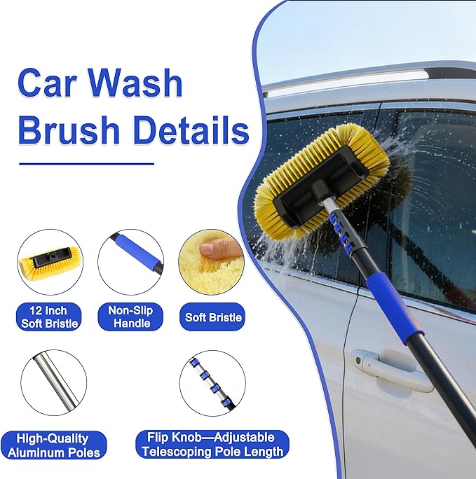 18FT Reach Car Wash Brush with Long Handle, 3 to 12 FT Car Cleaning Brush with Soft Bristle, Aluminium Telescoping Pole for Solar Panel, House Siding, SUV, Cars, Trucks, RV, Floors, Navy