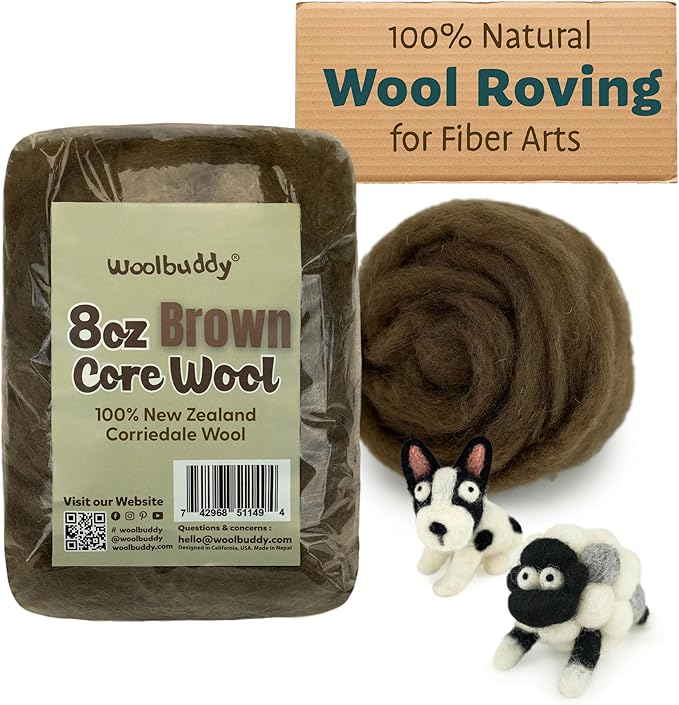 Woolbuddy Needle Felting Wool – 8oz Chunky Wool Roving in Brown, Felting Wool for Needle Felting Kit, Wet & Dry Felting Projects
