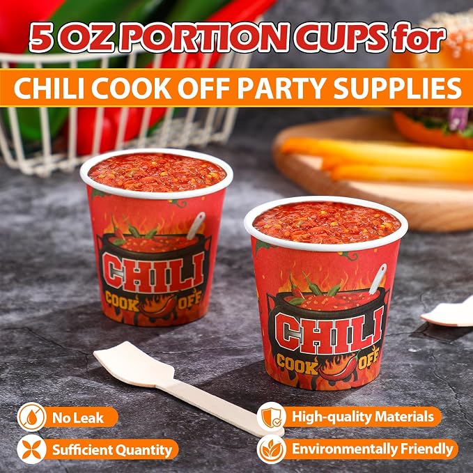 Teenyyou 400 Pcs 5 oz Chili Cook off Party Decorations Mini Chili Cook off Tasting Cups Disposable Sample Paper Cup Bowls and Wooden Spoons for Pepper Competition Prizes Party Cooking Supplies, Red