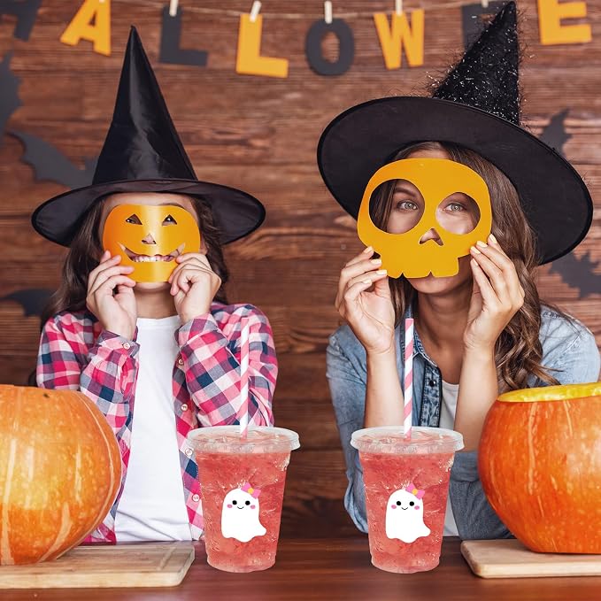 Whaline 50 Pcs Halloween Disposable Plastic Cups with Lids and Straws Cute Pink White Ghost Cold Beverage Drinking Cups for Trick or Treat Birthday Party Supplies